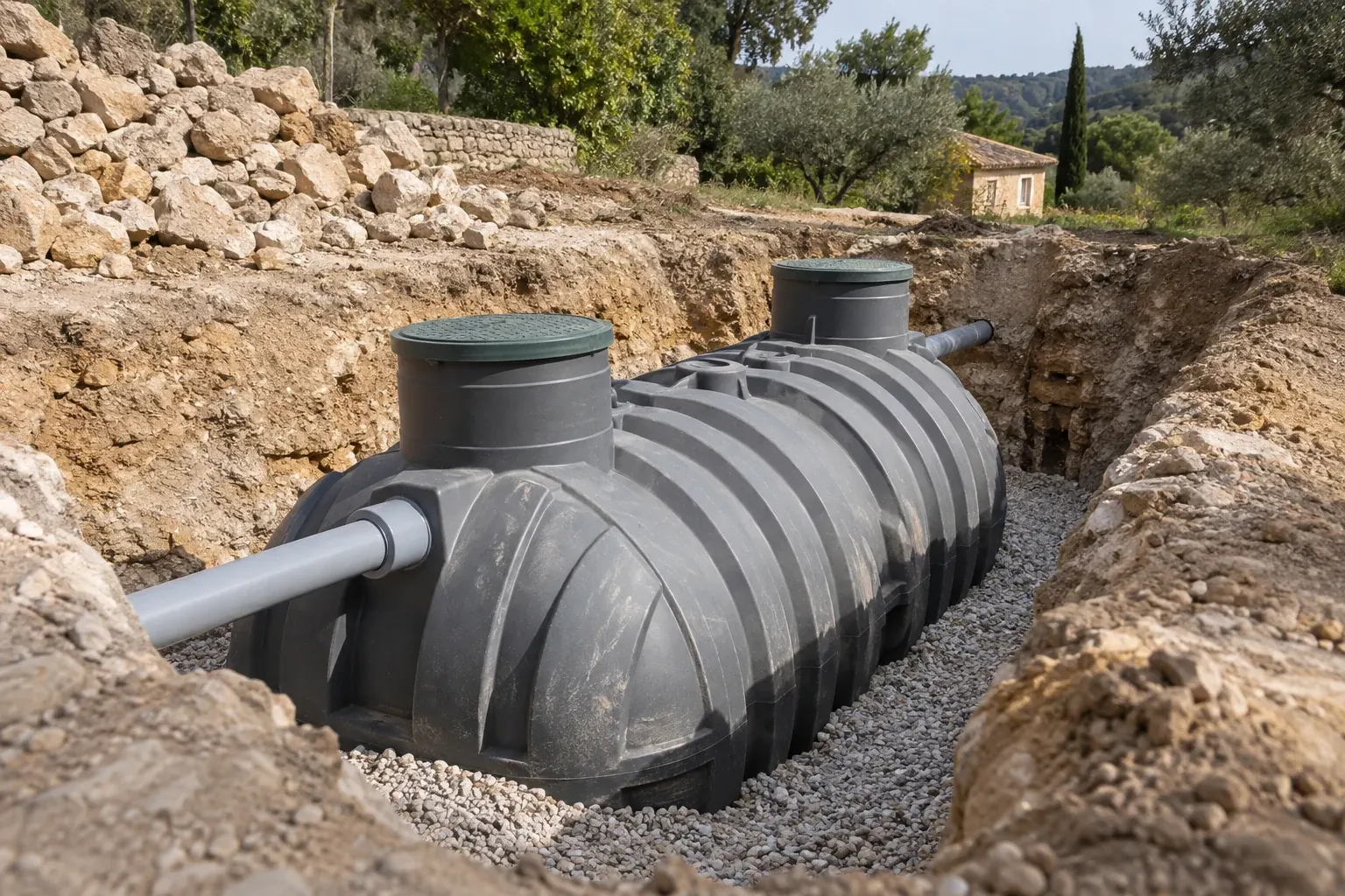 Image de présentation : cuve d’assainissement et conduites dans une excavation
