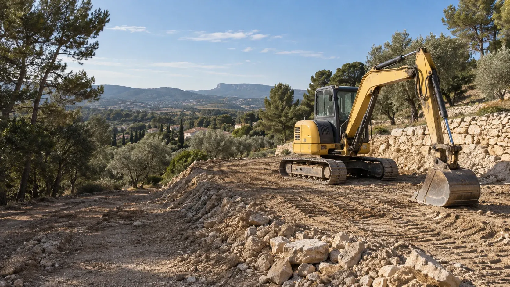 Image de présentation : pelle mécanique sur un terrain provençal en cours de préparation